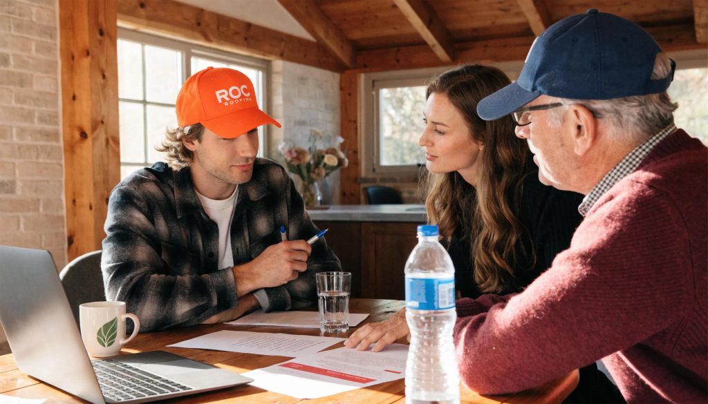 Homeowners consulting with ROC Roofing representative about insurance claims for roof damage, illustrating documentation assistance