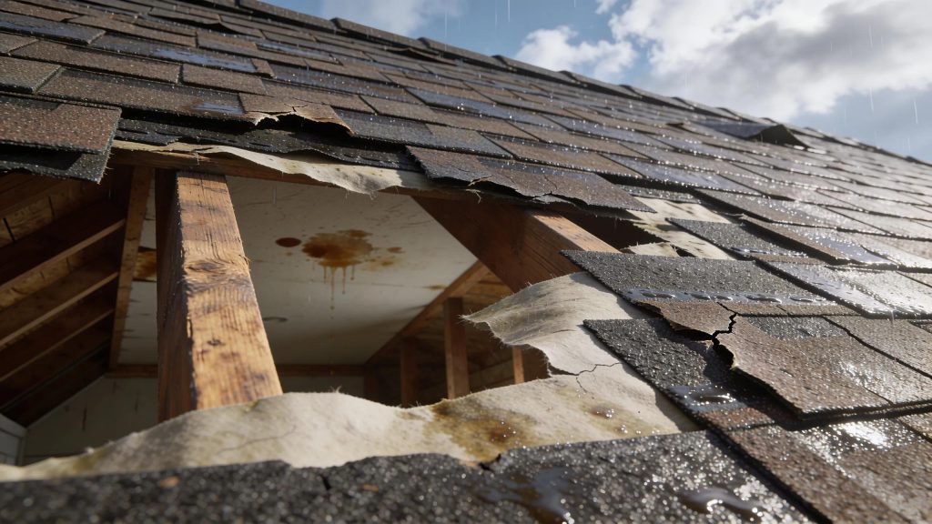 Close-up of a damaged roof showing missing shingles and interior water spots indicating leaks after a storm