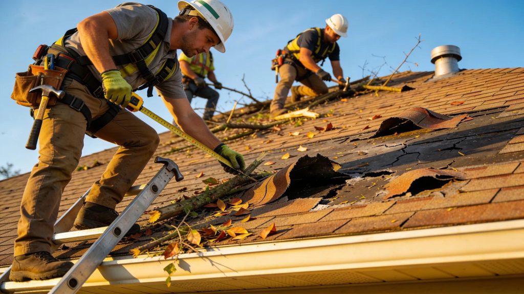 Professional roofers assessing storm damage on a residential roof in Lake Mary, Florida, showcasing emergency roof repair efforts