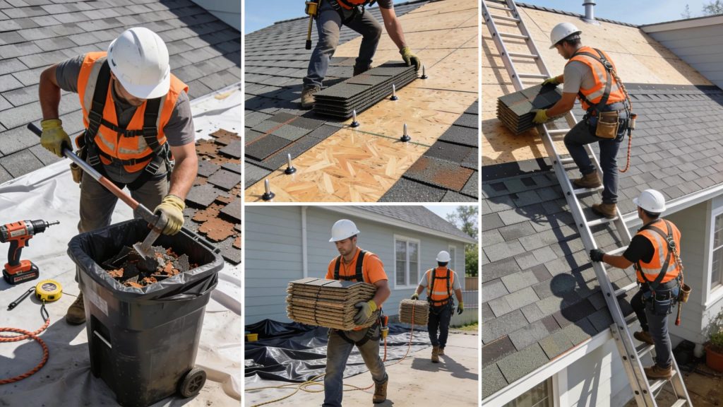 Contractors performing roof replacement, illustrating various stages of the roofing installation process.