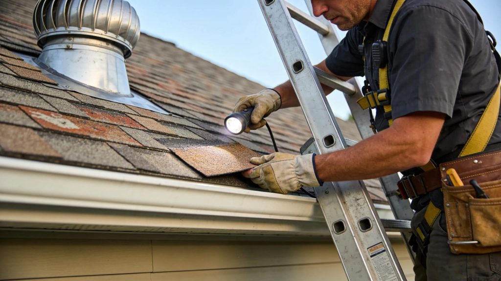 Roof inspector assessing shingles for damage, emphasizing the importance of regular inspections.